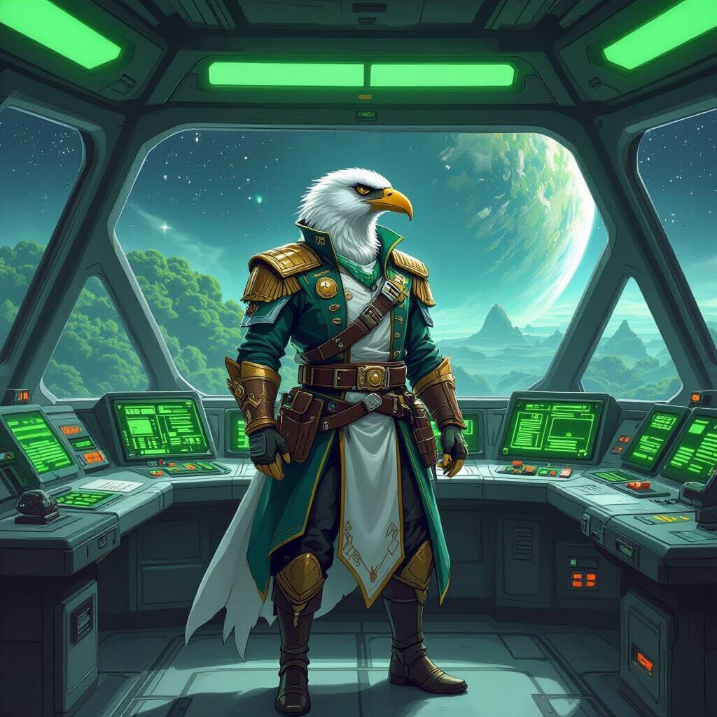 Avian Space Pirate Admiral on Starship Bridge
