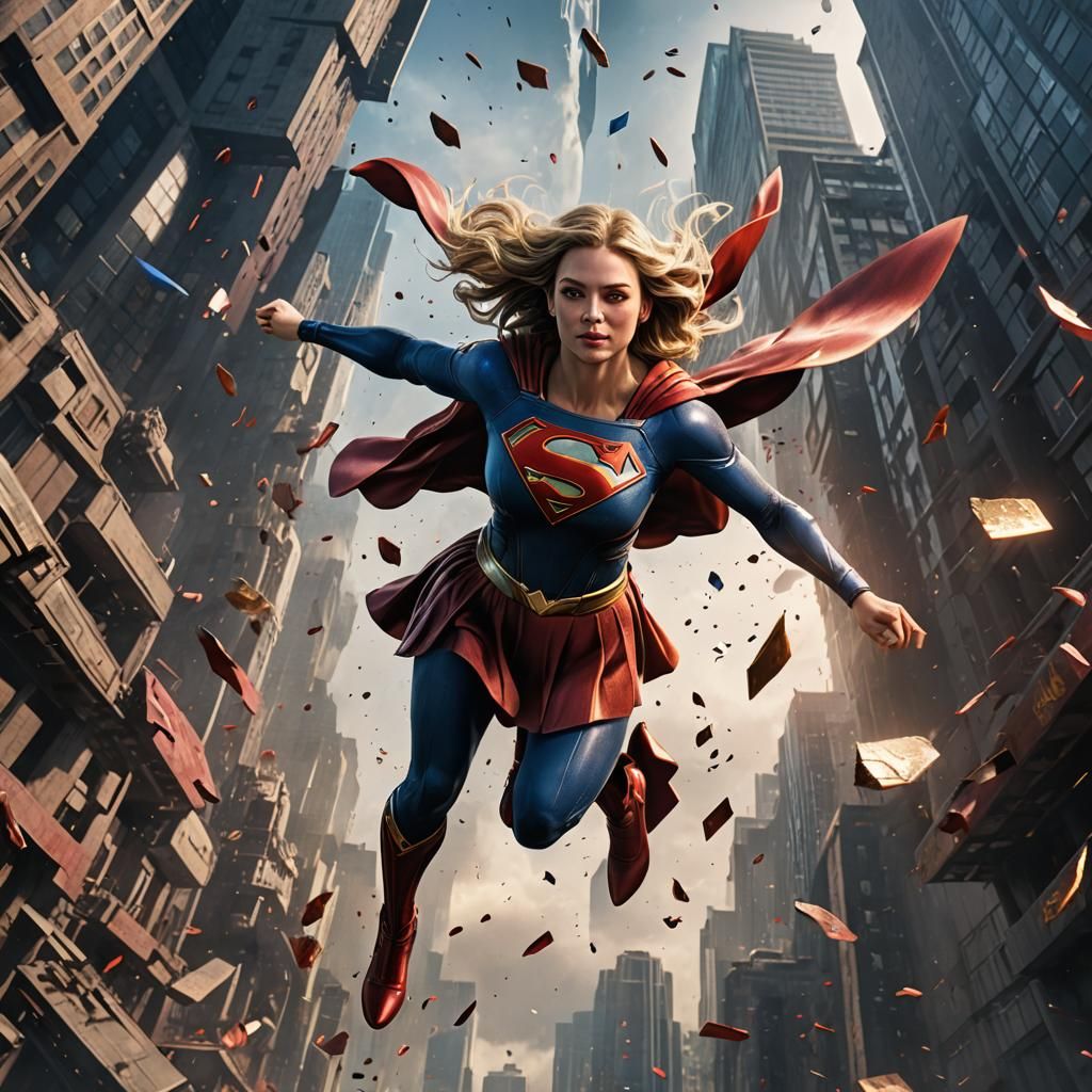Supergirl Soaring: Detailed Matte Painting in 8K