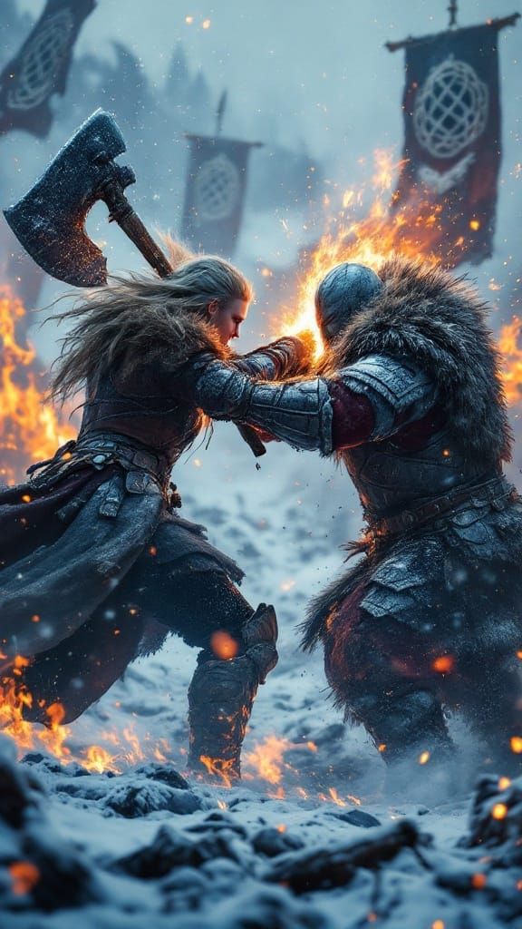 Viking Warrior Engages Frenzied Berserker in Snowy Battle