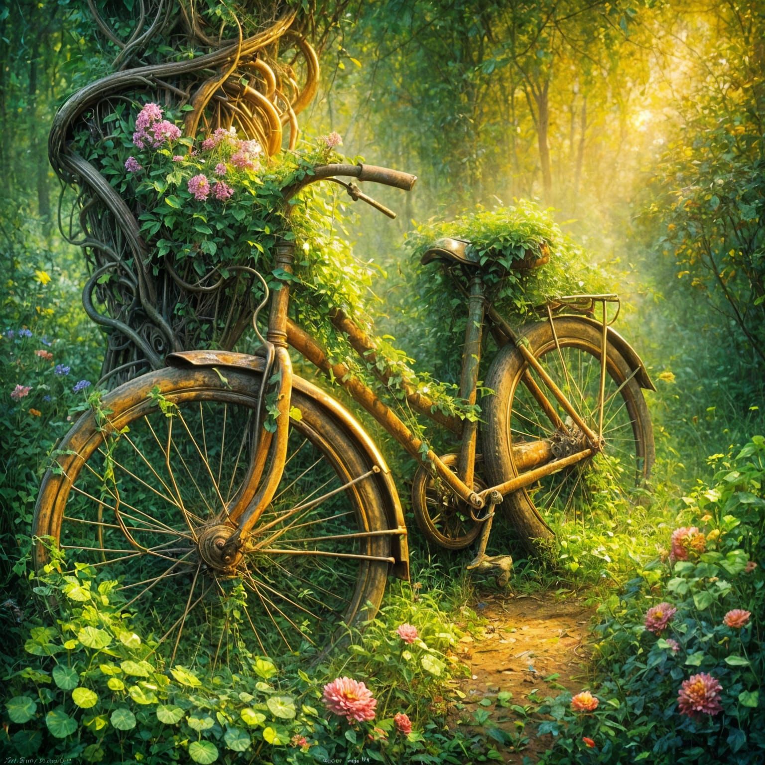 Nature Reclaims an Old Bicycle: Hypermaximalist Oil Painting