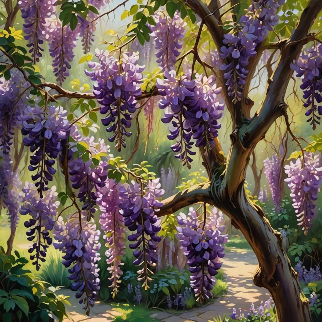 Impressionist Wisteria Tree in a Serene Garden