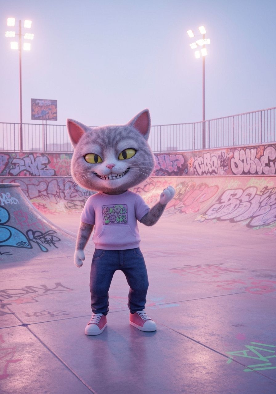 Grunge Cat in 90s Skatepark Setting