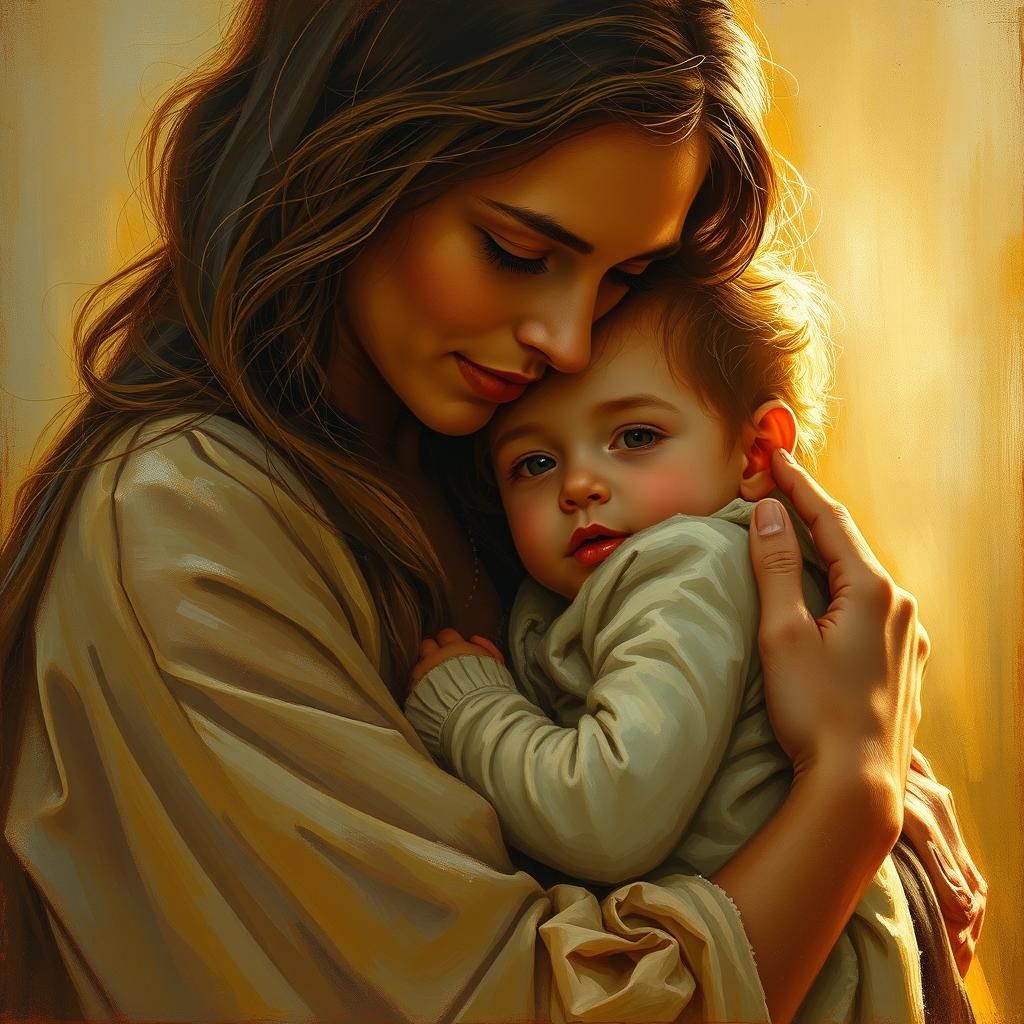 Mother and Child in Golden Light: Oil Painting