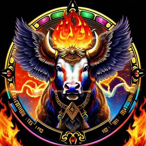 Angelic Bull with Rainbow and Fire
