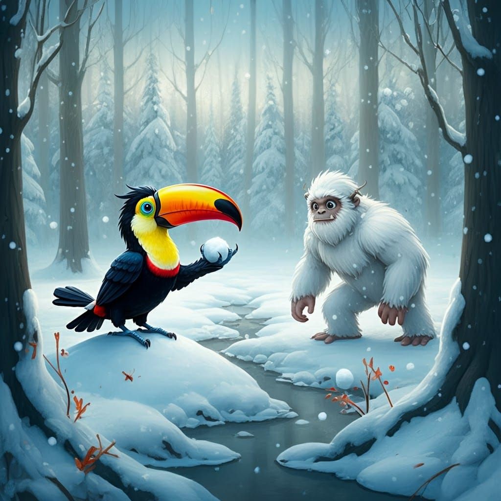 Toucan Bird's Snowy Yeti Encounter: Whimsical Winter Scene