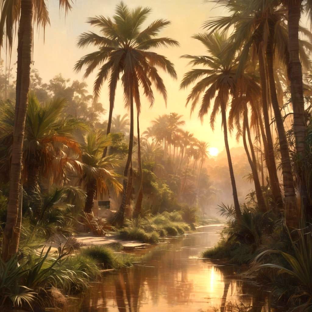 Surrealist Landscape Painting of a Serene Oriental River Sce...