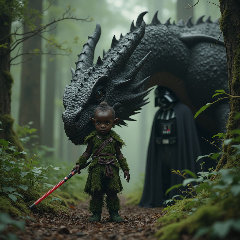 Tiefling Child and Dragon in Dark Fantasy Forest