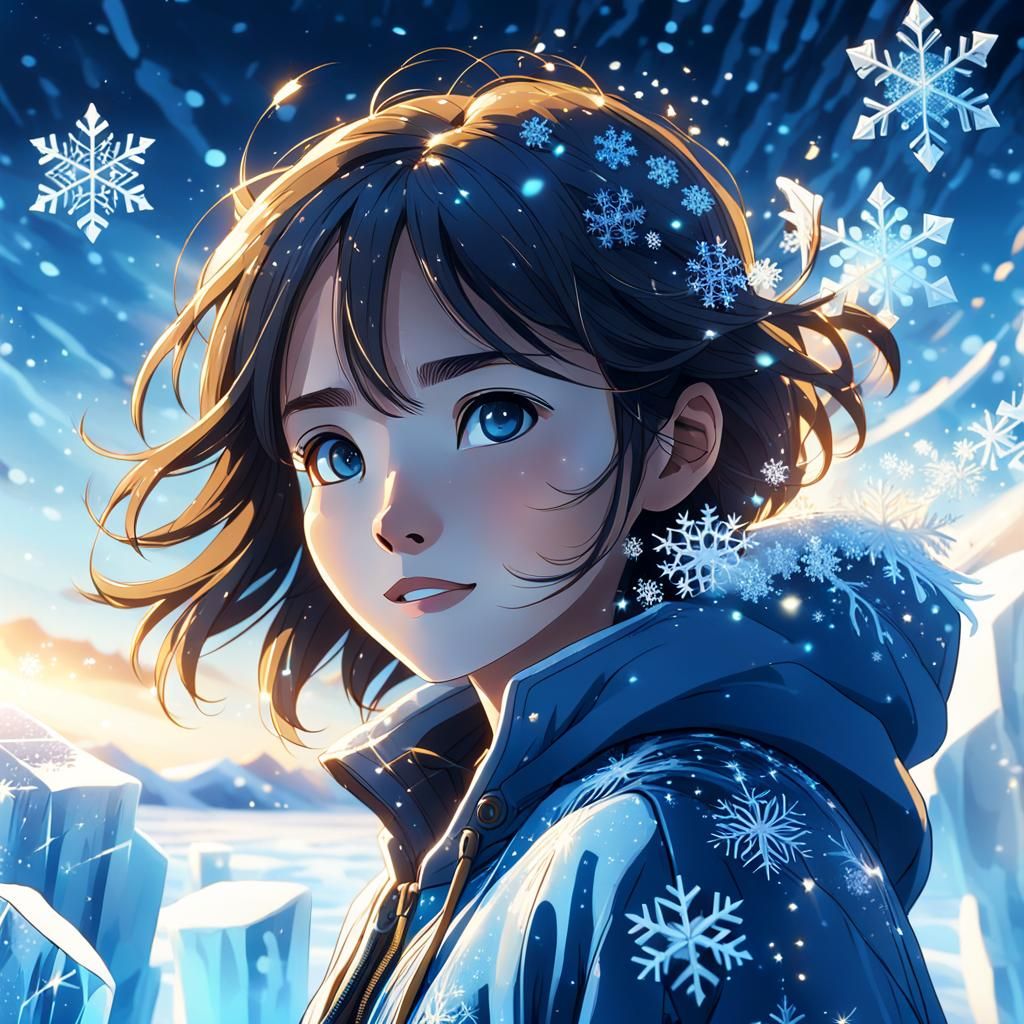 Joyful Woman Gliding on Ice: Anime-Inspired Portrait