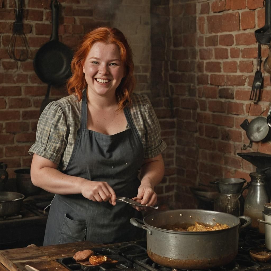 Laughing Red-Haired Woman Cooking Dinner: Vintage Film Shot