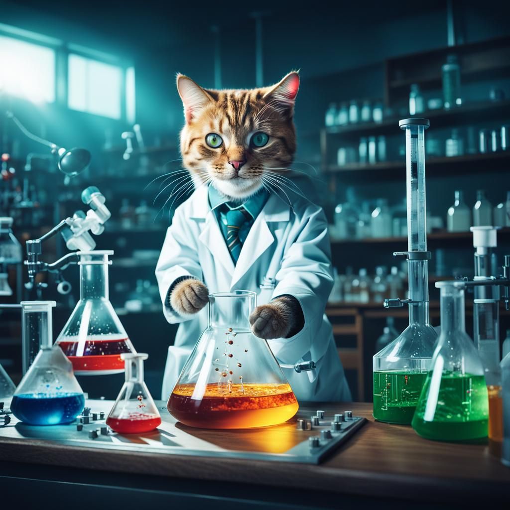 Cat Chemist in Lab Coat: Cinematic Film Still