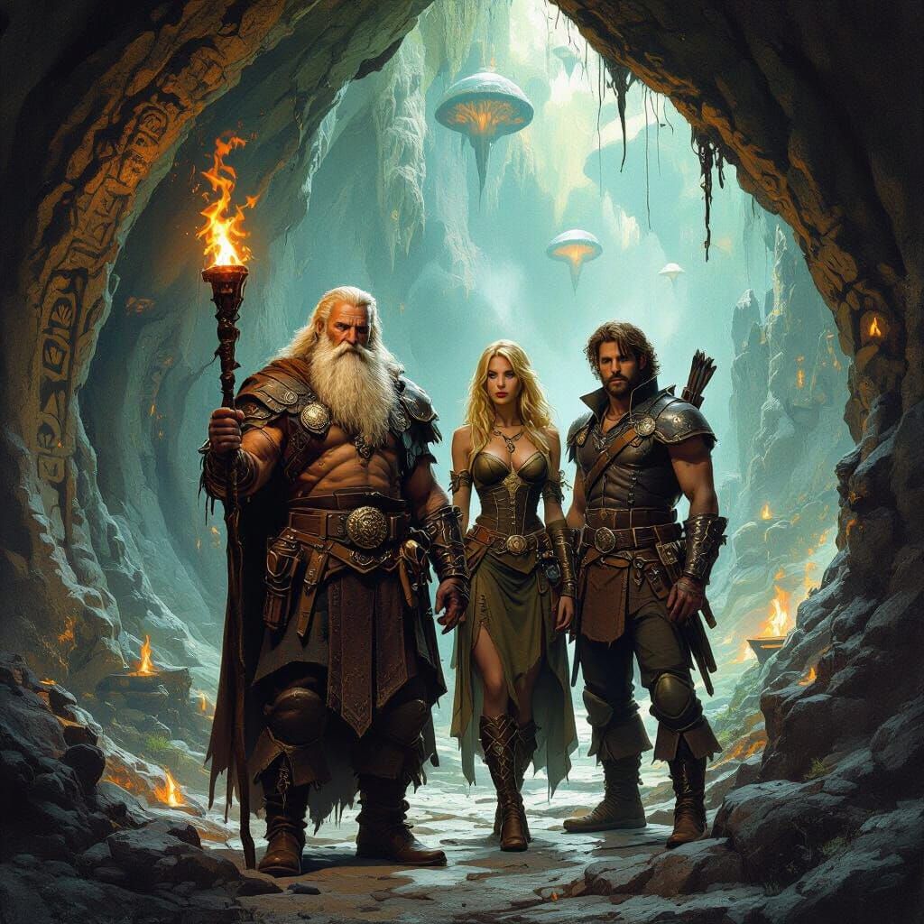 Fantasy Adventurers at Cavern Entrance in Dark Fantasy Style
