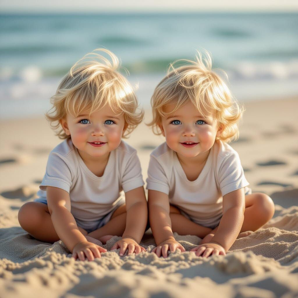 Twin Children Playing on a Peaceful Beach