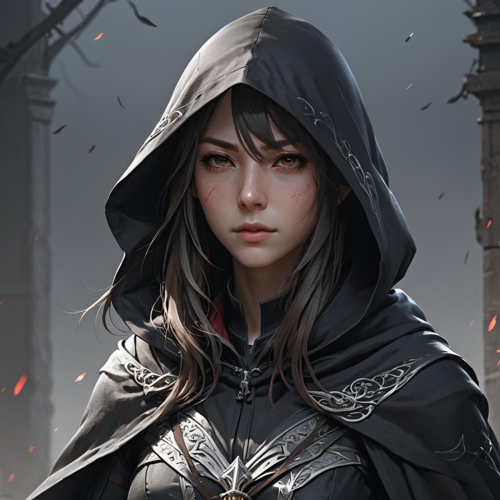 Hooded Assassin in Black Cloak: 3D Anime Art