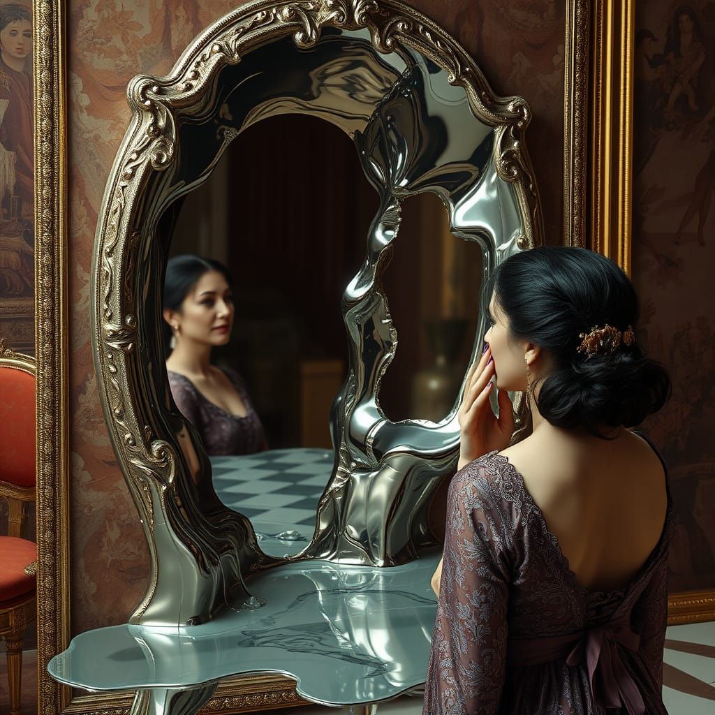 Melting Mirror: Woman in a Hyperrealistic Setting
