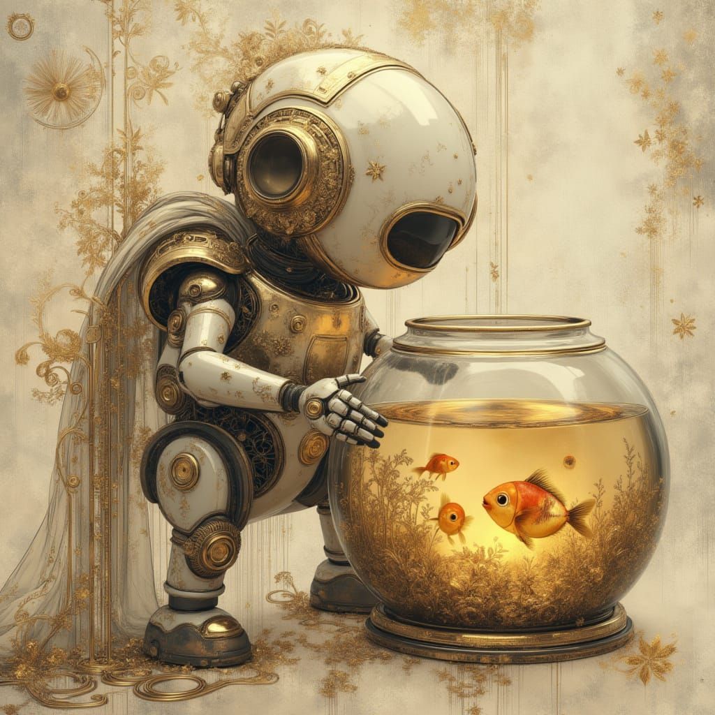 Cute Robot Holding a Fishbowl