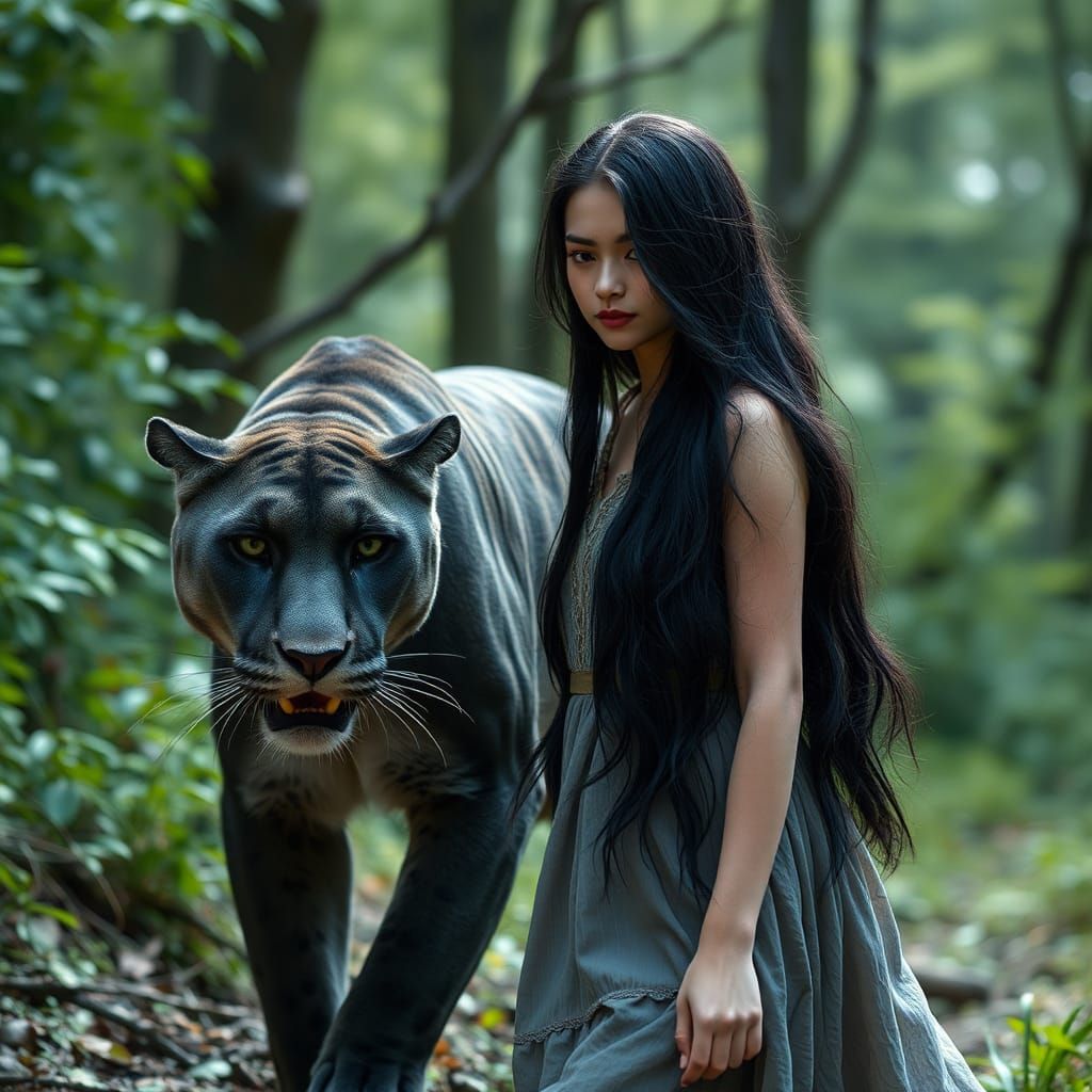 Girl and Panther in Magical Forest: Ultra-Realistic Photo