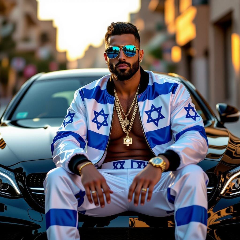 Rap Style Man with Israeli Necklace on Black Car