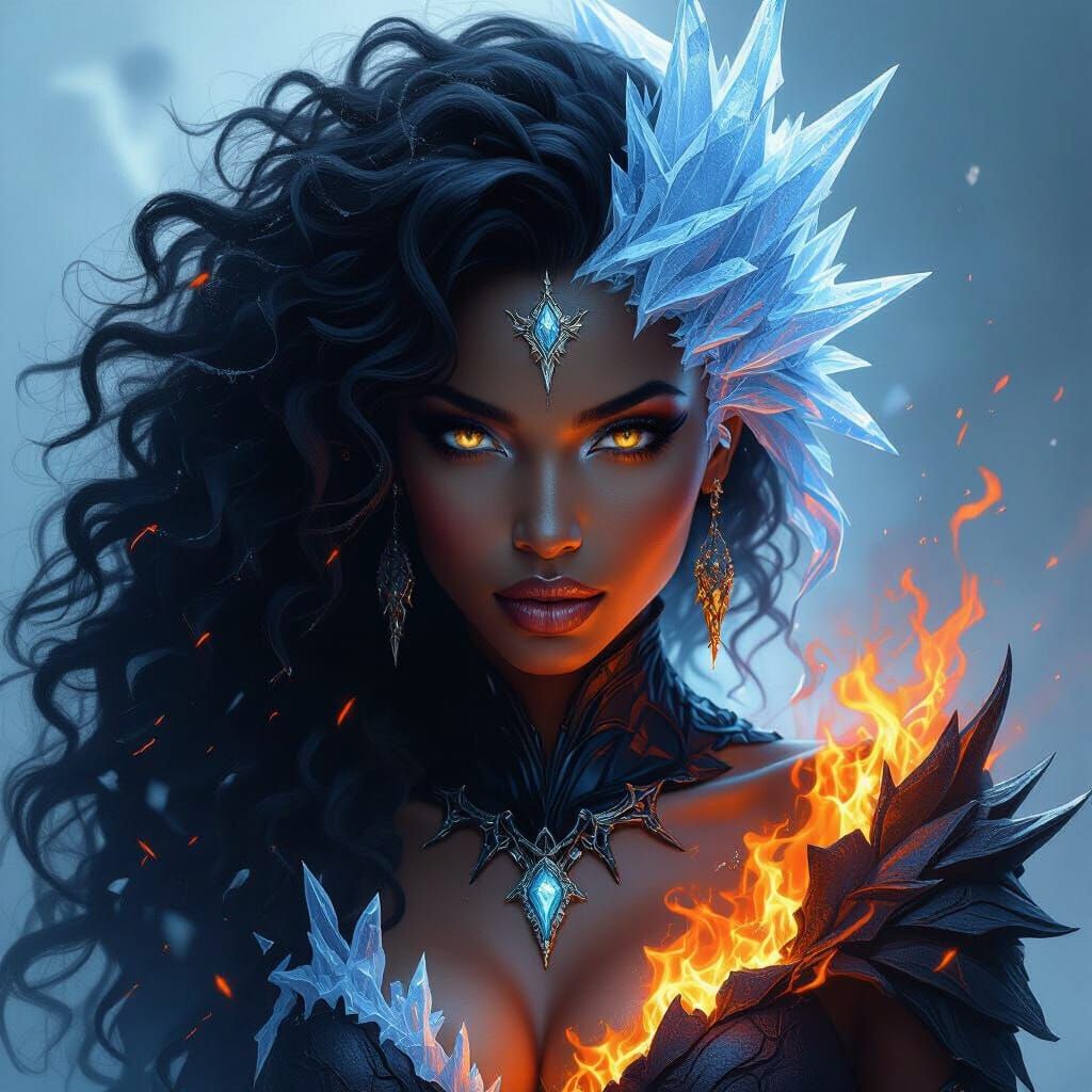 Ebony Goddess Embodies Ice and Fire - Digital Painting
