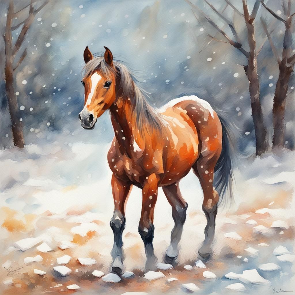 Foal in Snow: Gouache Impressionist Masterpiece