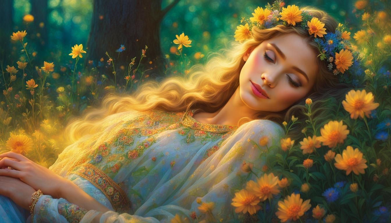 Sleeping Beauty Kissed by Prince in Watercolor Style