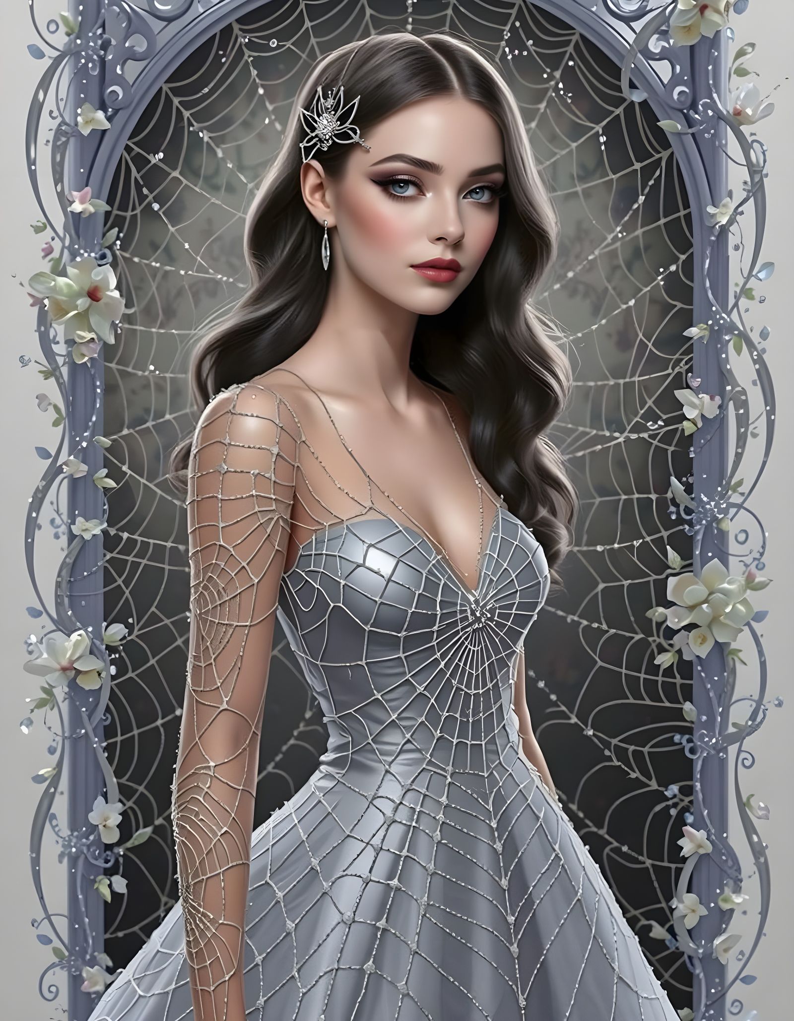 Woman in Shimmering Spider Silk Dress in Web Castle