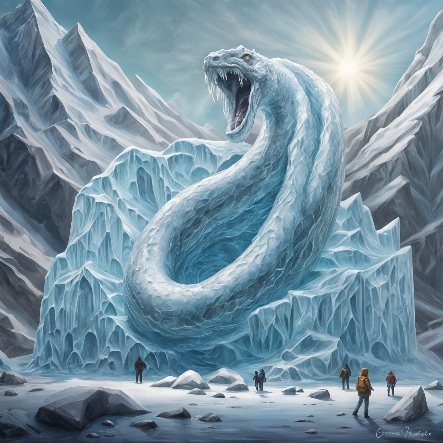Giant Serpent Ice Sculpture in Hyperrealism