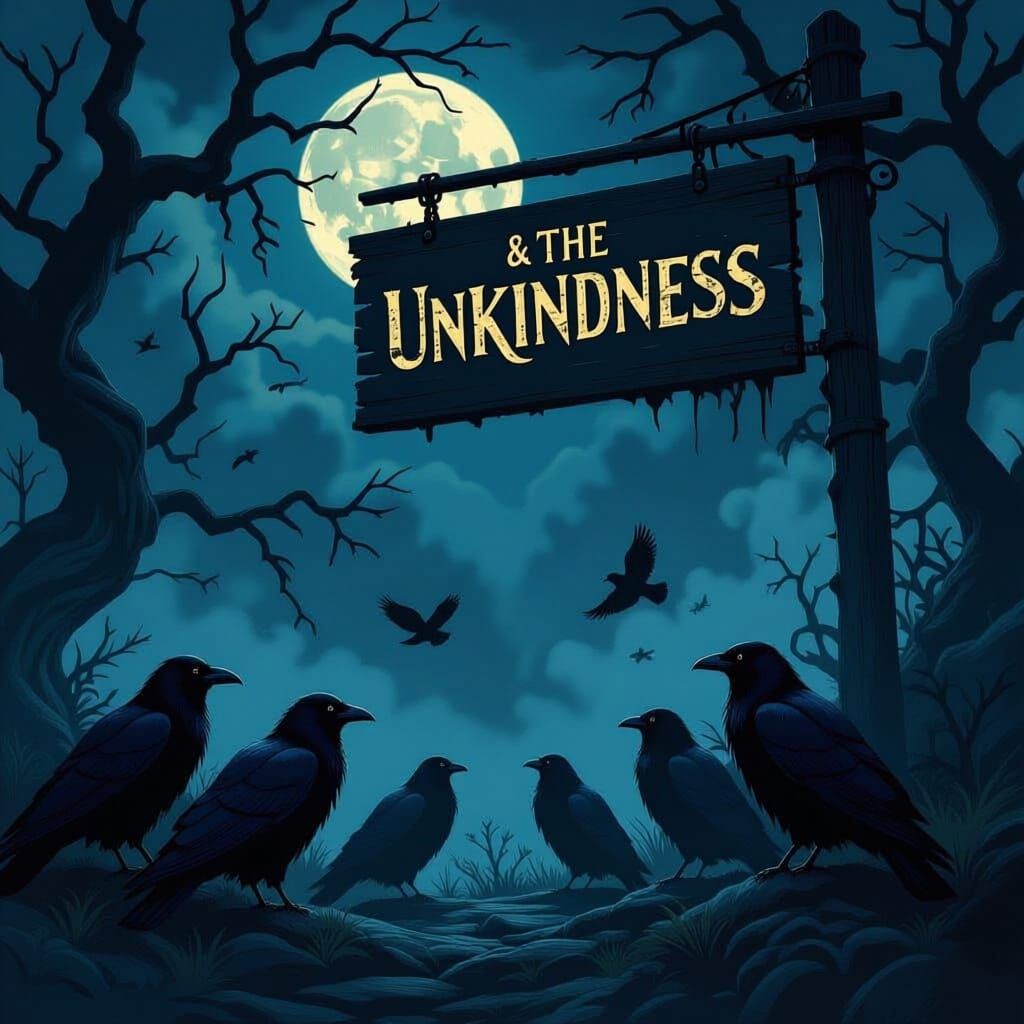 Ravens in Moonlit Darkness Under Ominous Sign