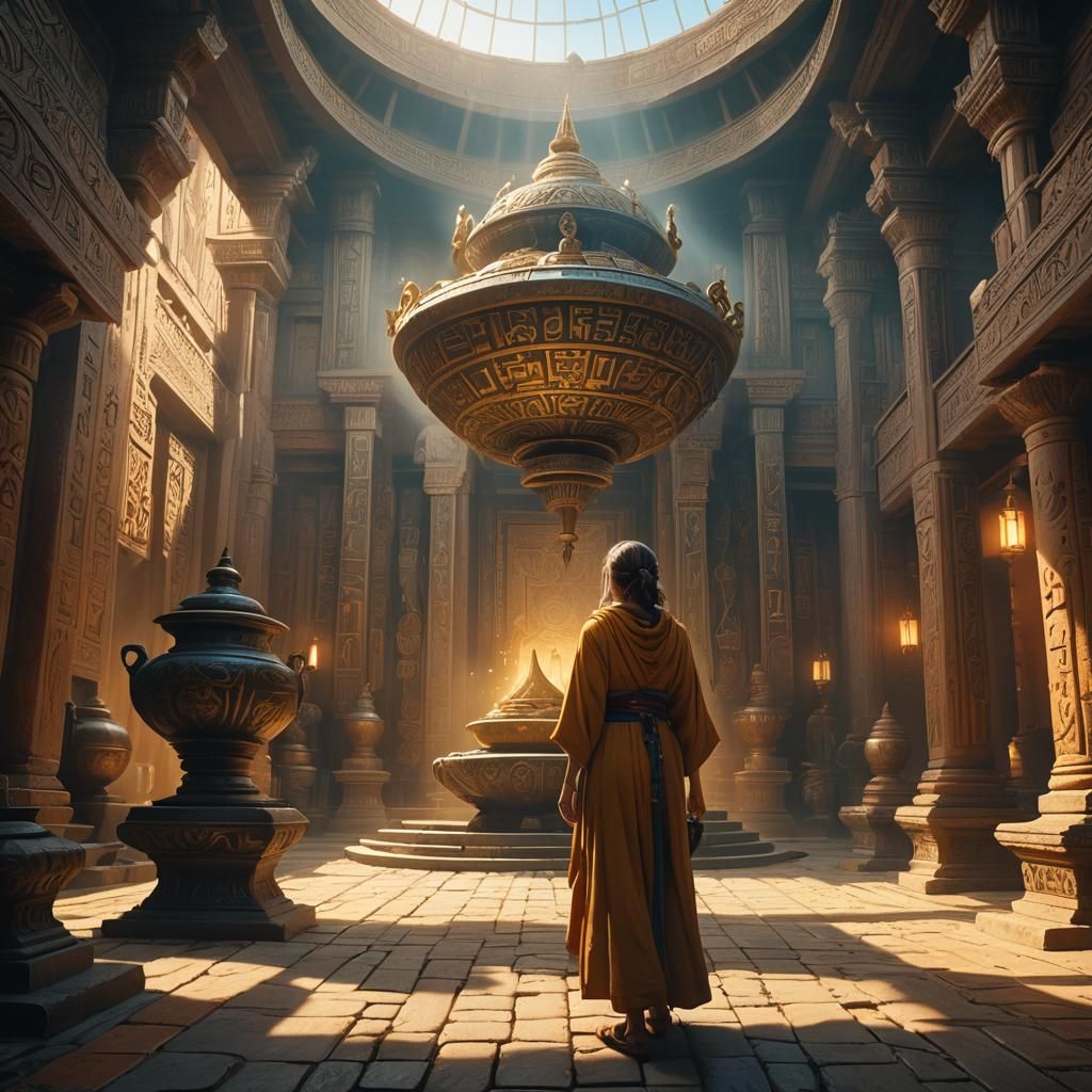 Mystical Temple Scene with Woman Holding Pot