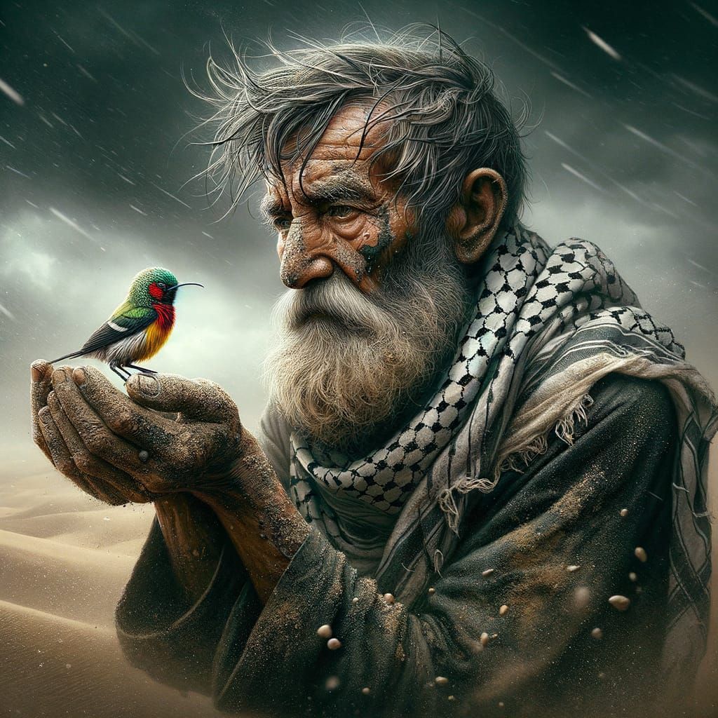 Palestinian Man and Sunbird in Dramatic Matte Painting