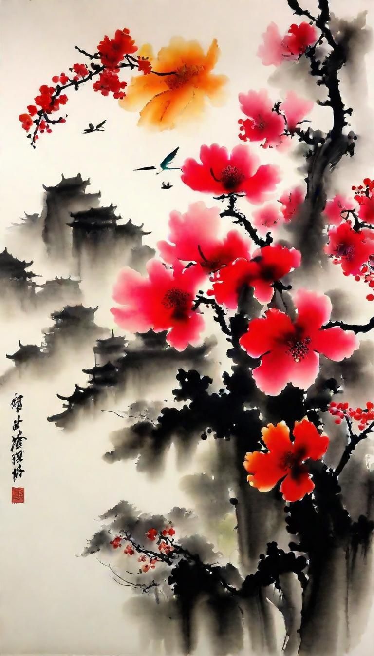 Chinese Ink Painting of Vivid Red Flowers