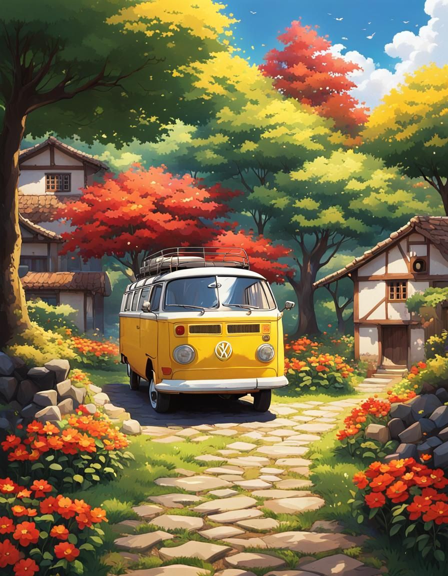 Yellow VW Van in Sunlit Anime Landscape