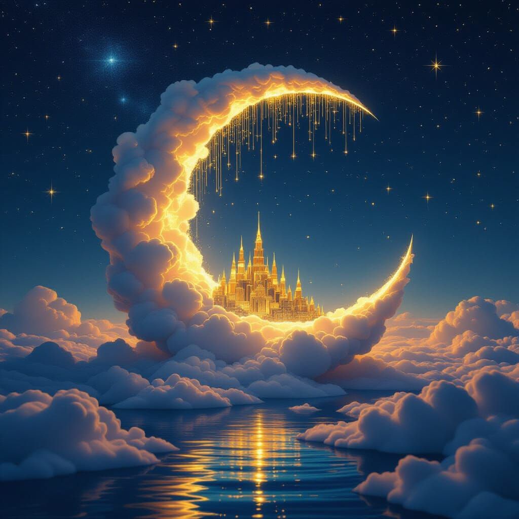 Golden Mirage City Shimmers within Crescent Moon
