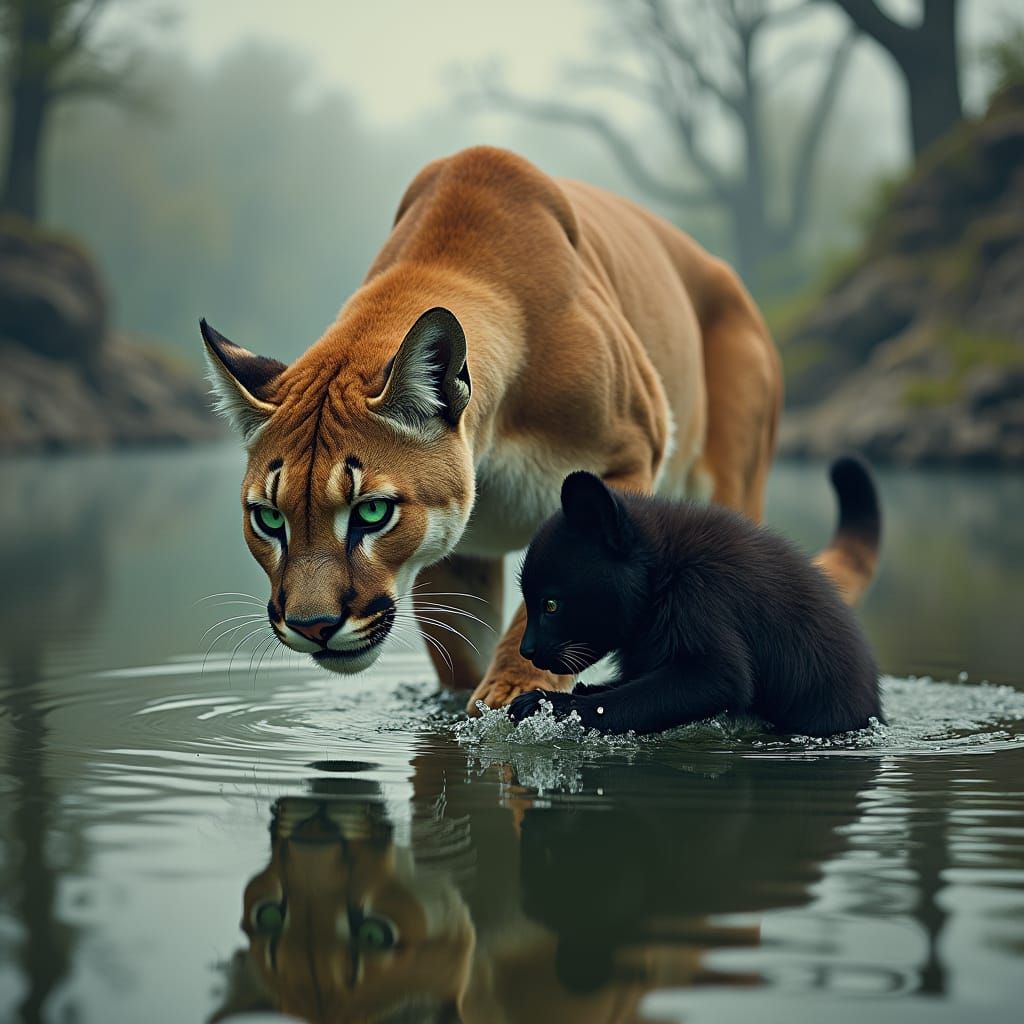 Puma and Cub in Surreal Dreamscape
