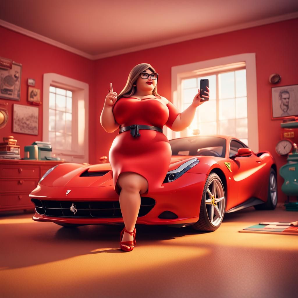 Girl in Ferrari Dress Selfie, 3D Digital Art