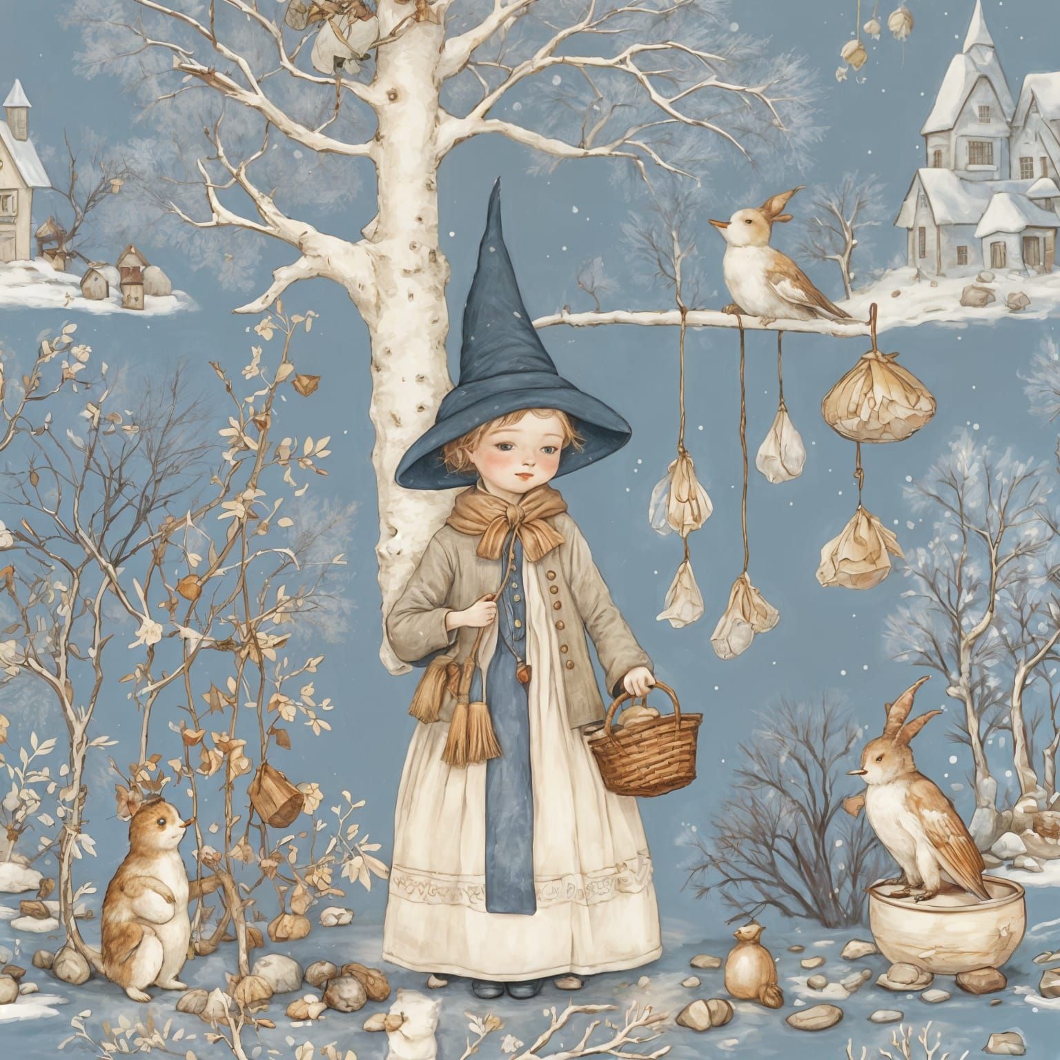 Whimsical Folk Art Snowman Scene with Witch and Companions