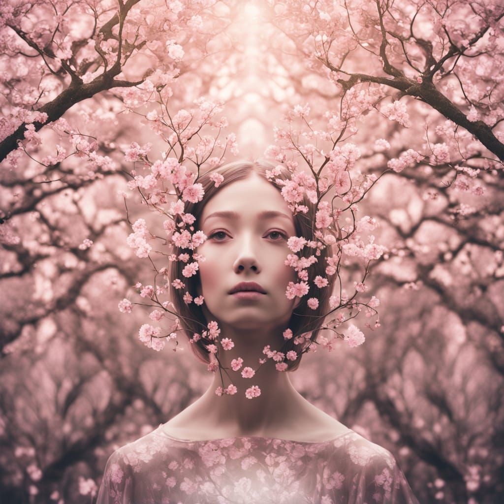Surreal Face in Cherry Blossom Forest