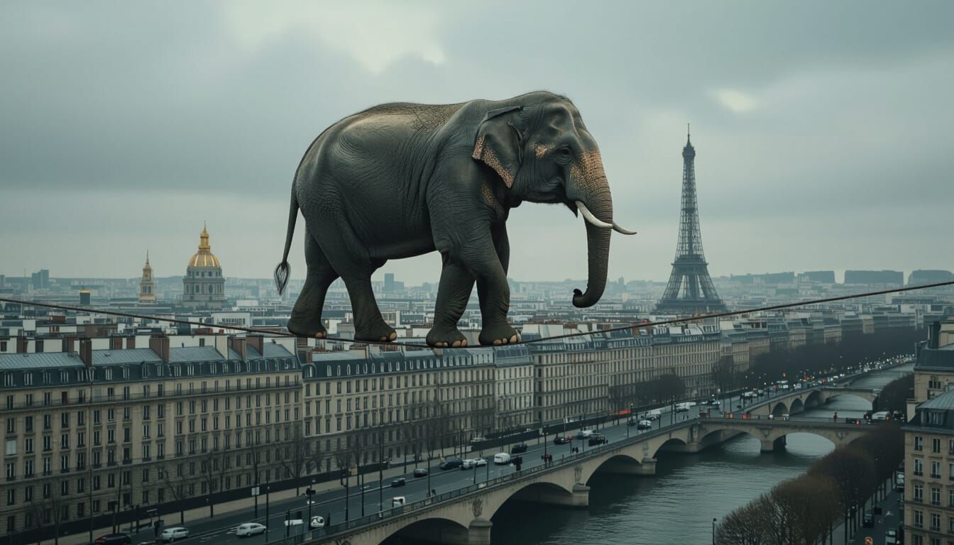 Elephant Tightrope Walker Above Moody Paris