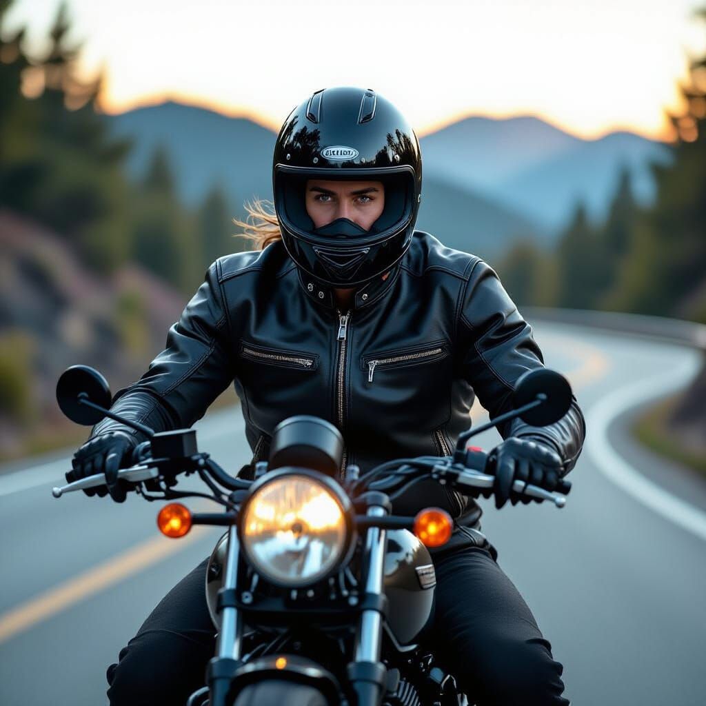 Biker on Winding Road in Professional Photography Style