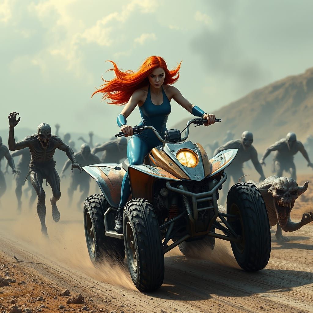 Fiery Red-Haired Heroine Speeds Down Post-Apocalyptic Road o...
