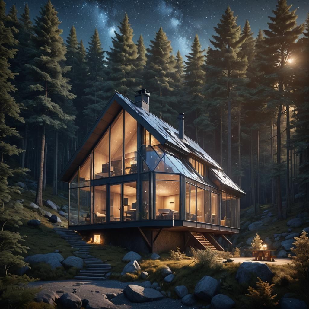 Glass Cabin Under Starry Sky, Detailed Matte Painting
