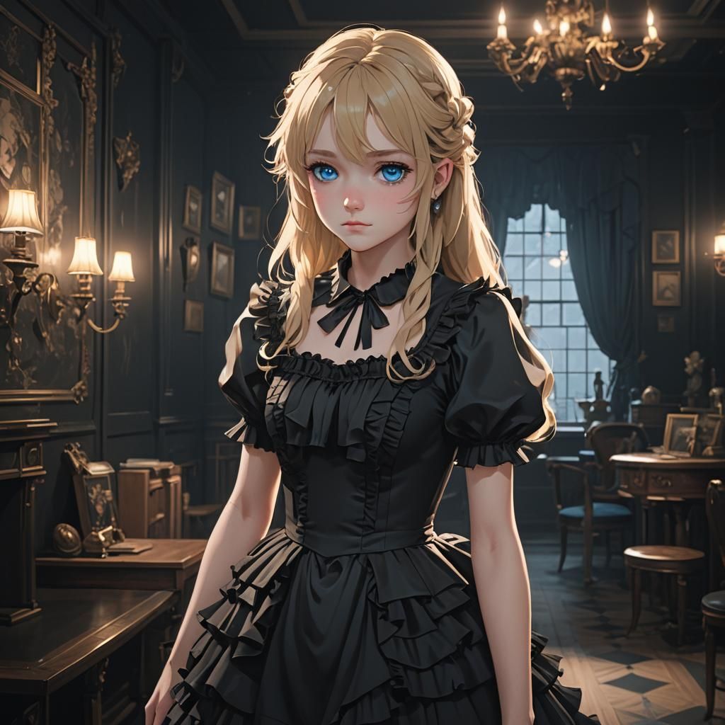 Anime Girl in Dark Room, Detailed 3D Art