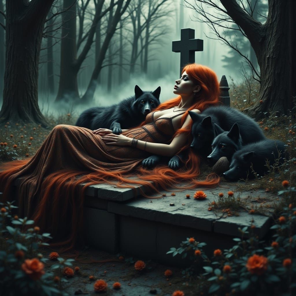 Mystical Forest Scene With Red-Haired Woman