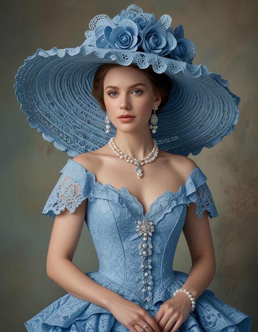 Woman in Blue Lace Gown and Matching Hat