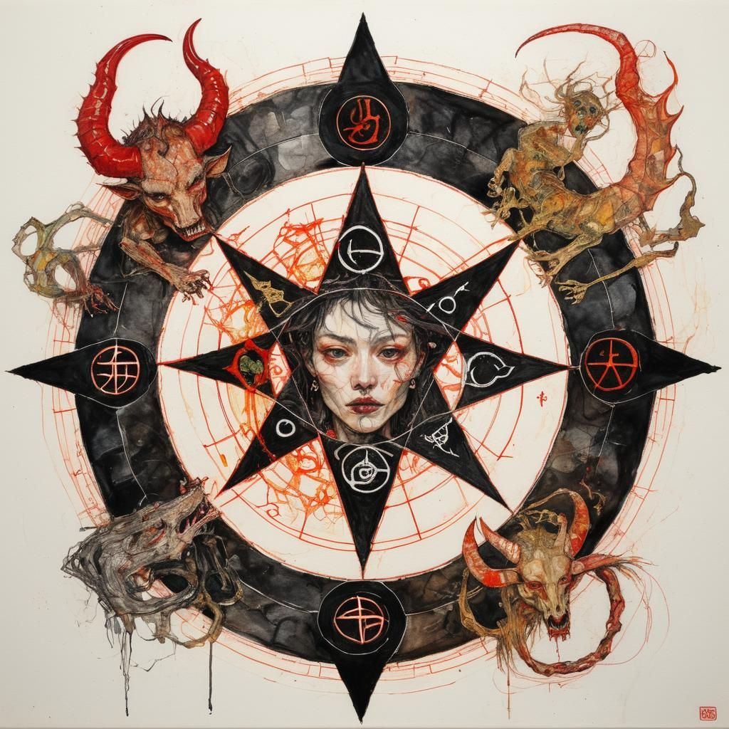 Occult Symbols and Zodiac Woman in Mixed Media