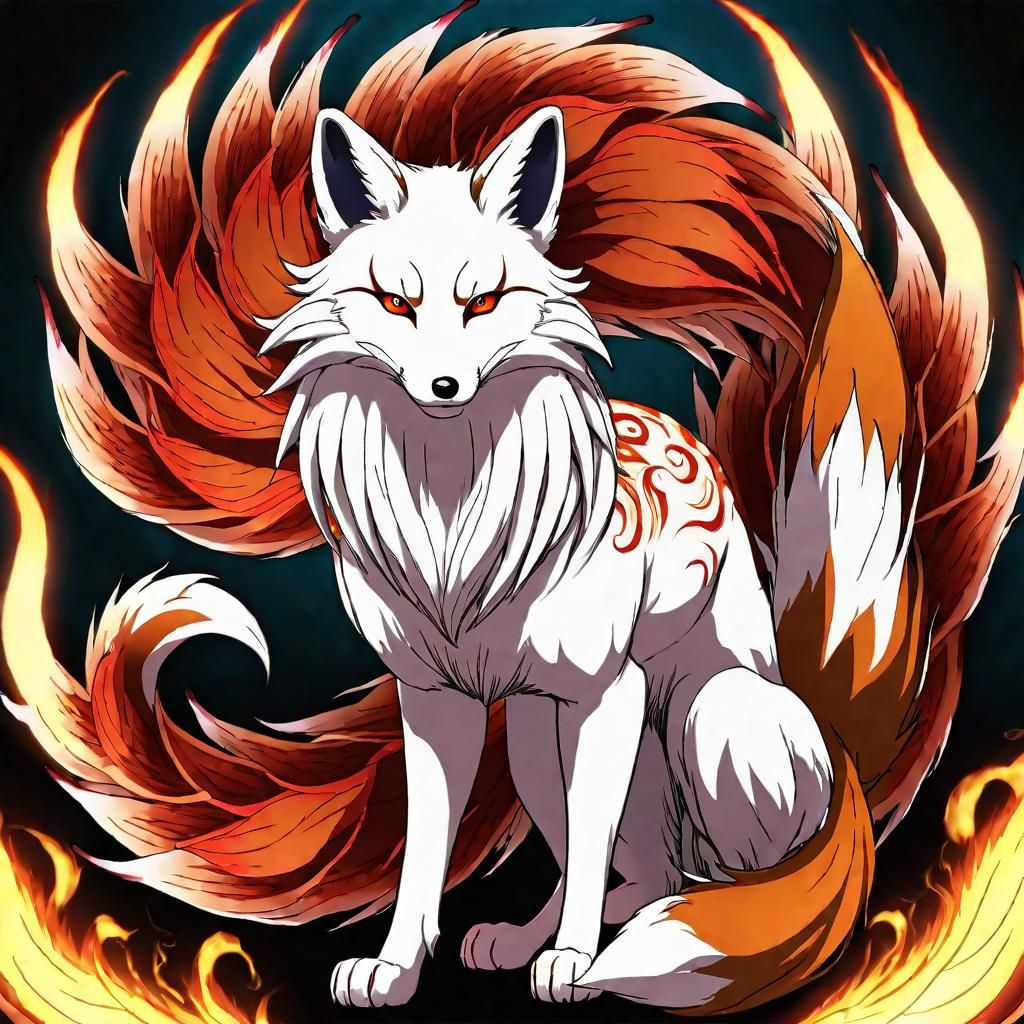 Anime Japanese Nine-Tailed Fox in Ring of Flames