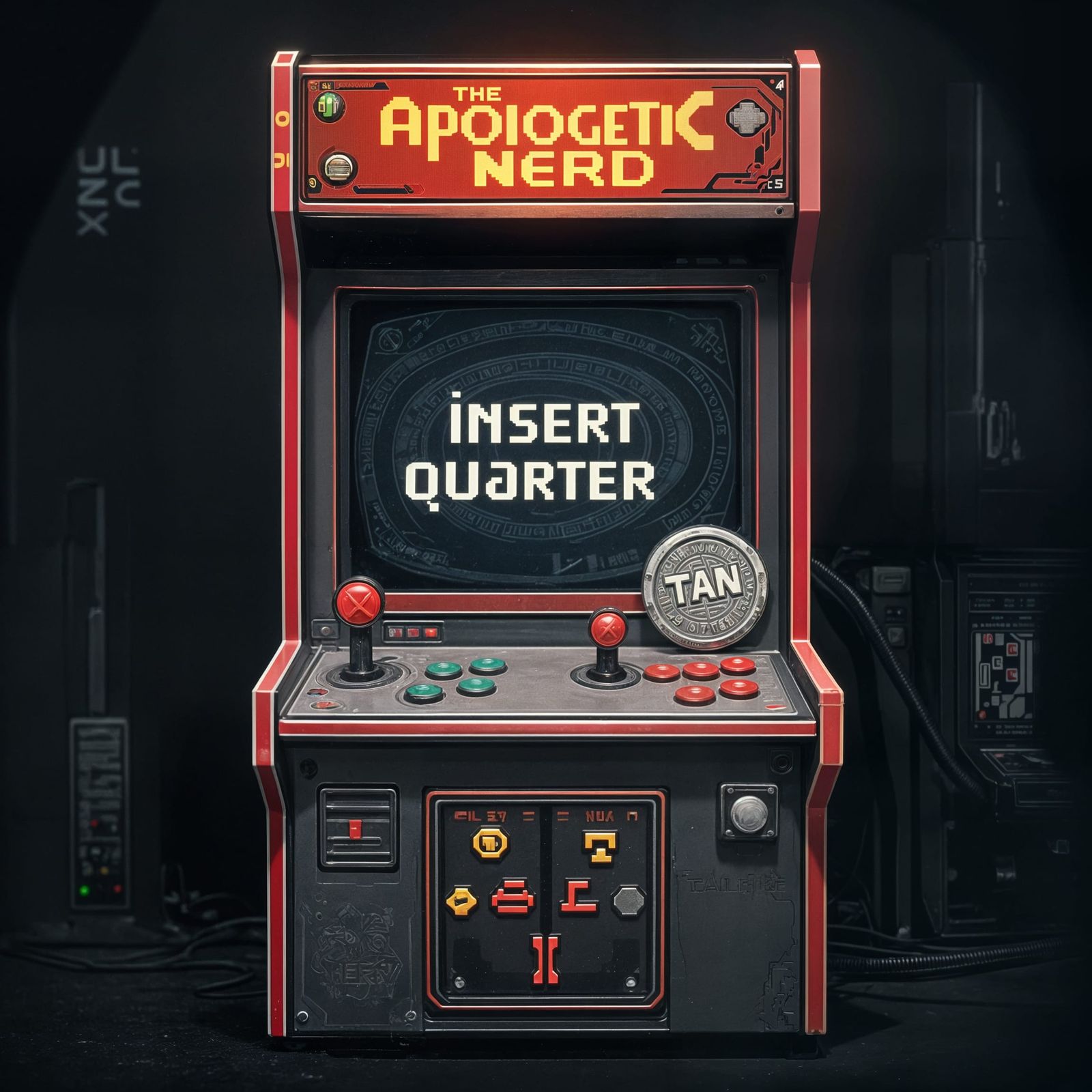 Retro Arcade Cabinet with Pixelated Coin
