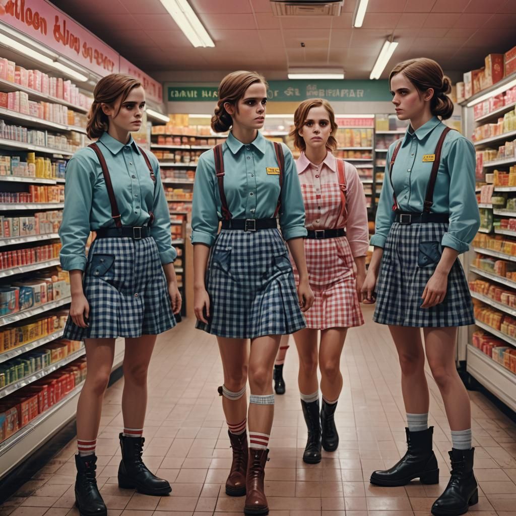 Hyperrealistic Supermarket Scene with Gingham Uniforms