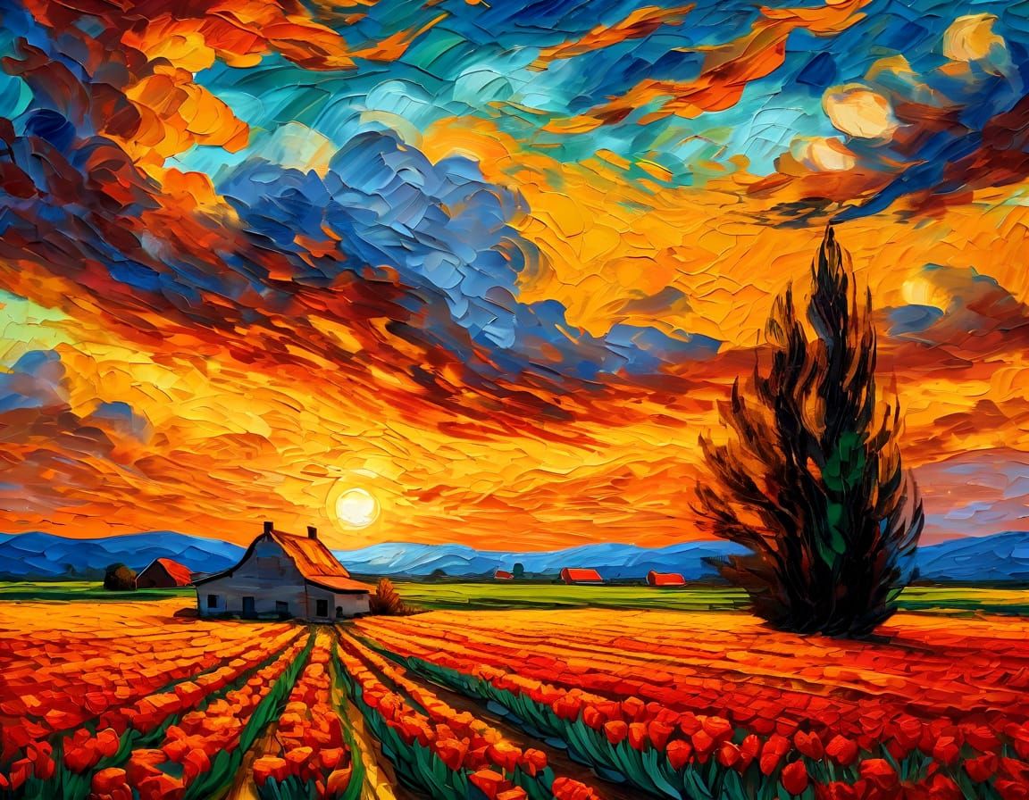 Impressionist Masterpiece of a Dutch Farmer Among Blooming T...