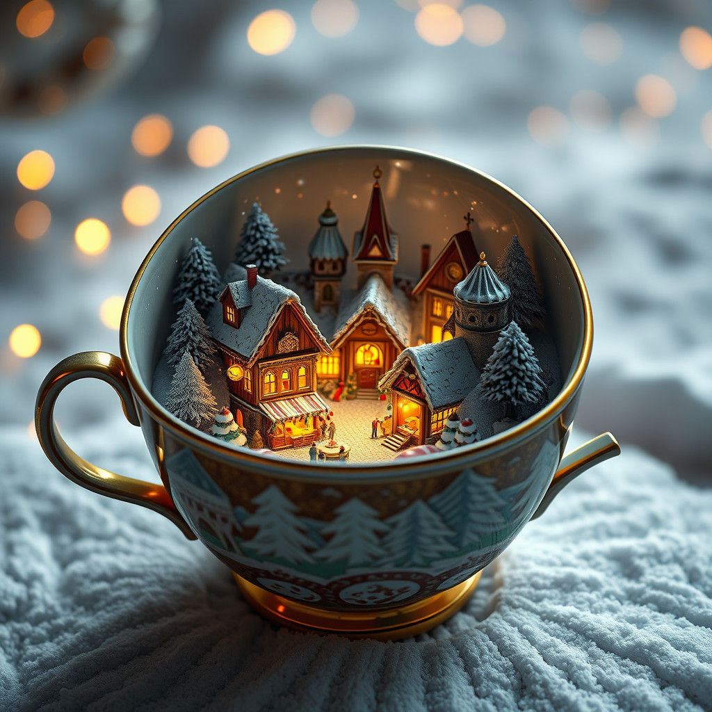 Christmas Market Inside Porcelain Cup: Detailed Matte Painti...