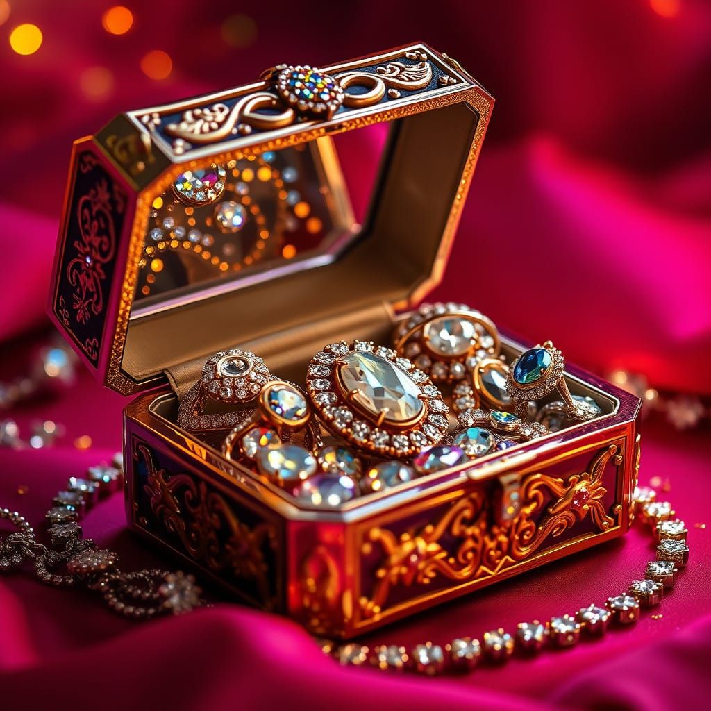 Glitering Jewels in an Open Jewelry Box